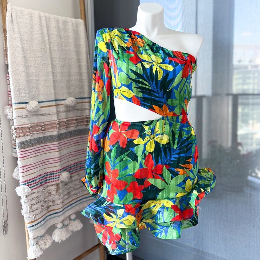 MB Finale Floral One Shoulder Long Balloon Sleeve Mini Dress Women’s Size Large - Picture 4 of 12